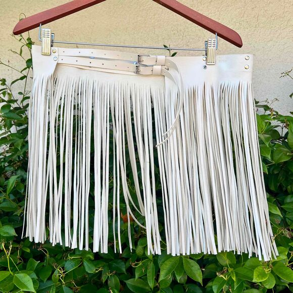Fringe Tassel Skirt White Faux Leather Buckle Belted Mini Womens Size OS - Picture 6 of 6